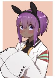 Rule 34 | 1girl, agnes tachyon (umamusume), agnes tachyon (umamusume) (cosplay), animal ears, black hairband, black necktie, black shirt, blush, brown background, closed mouth, collared shirt, cosplay, dark-skinned female, dark skin, fake animal ears, fate/prototype, fate/prototype: fragments of blue and silver, fate (series), hair between eyes, hairband, hands up, hassan of serenity (fate), highres, horse ears, i.u.y, lab coat, long sleeves, looking at viewer, necktie, open clothes, purple eyes, purple hair, shirt, sleeves past fingers, sleeves past wrists, solo, sweater vest, two-tone background, umamusume, upper body, white background