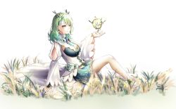 Rule 34 | 1girl, absurdres, antlers, apple, bare legs, braid, braided bangs, branch, breasts, ceres fauna, cleavage, dress, flower, food, fruit, golden apple, green dress, green hair, hair flower, hair ornament, highres, hololive, hololive english, horns, large breasts, leaf, long hair, mole, mole under eye, on floor, on ground, sheng chun, simple background, single braid, sitting, solo, virtual youtuber, white background, yellow eyes