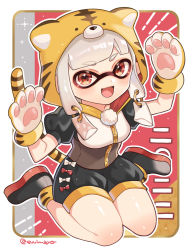 Rule 34 | 1girl, :d, animal hands, animal hood, black shorts, bow, full body, gloves, grey hair, hands up, highres, hood, hood up, inkling, inkling girl, inkling player character, long hair, looking at viewer, nintendo, open mouth, orange eyes, outline, paw gloves, piercing, pom pom (clothes), puffy short sleeves, puffy shorts, puffy sleeves, red bow, shina shina, short sleeves, shorts, sitting, smile, solo, splatoon (series), tail, tentacle hair, tiger hood, tiger paws, tiger tail, twitter username, white bow, white outline, zipper