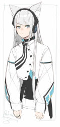 Rule 34 | 1girl, animal ear fluff, animal ears, black choker, blue eyes, buttons, cevio, choker, closed mouth, cropped jacket, cropped torso, diagonal bangs, grey hair, haru (cevio), highres, isshiki (ffmania7), jacket, jewelry, kamitsubaki studio, kemonomimi mode, layered clothes, leaning forward, long sleeves, looking at viewer, multicolored eyes, pink eyes, puffy long sleeves, puffy sleeves, raised eyebrows, ring, signature, simple background, sketch, solo, white background, white jacket
