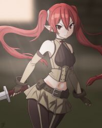 Rule 34 | 1girl, absurdres, angry, bare shoulders, belt, blurry, blurry background, blush, breasts, brown belt, closed mouth, depth of field, detached sleeves, disgaea, fingerless gloves, fire emblem, fire emblem awakening, fire emblem fates, geoffery10, gloves, grass, hair between eyes, highres, holding, holding sword, holding weapon, light rays, long hair, looking past viewer, medium breasts, nintendo, red eyes, red hair, severa (fire emblem), skirt, solo, stomach, stone wall, sunbeam, sunlight, sword, twintails, v-shaped eyebrows, walking, wall, weapon