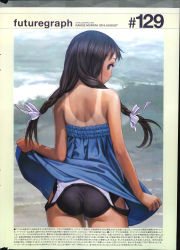 Rule 34 | 1girl, absurdres, ass, bare shoulders, black hair, blue dress, braid, clothes lift, cowboy shot, dress, dress lift, hair over shoulder, hair ribbon, highres, long hair, looking back, low-tied long hair, murata range, ocean, one-piece swimsuit, one-piece tan, ribbon, scan, school swimsuit, solo, strapless, strapless dress, swimsuit, swimsuit under clothes, tan, tanline, twin braids, twintails, water