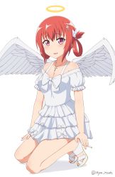 Rule 34 | 1girl, :3, alternate costume, angel wings, bad id, bad pixiv id, bare shoulders, blush, bow, breasts, cleavage, cross hair ornament, dress, fang, feathered wings, frilled dress, frills, full body, gabriel dropout, hair ornament, hair rings, halo, high heels, highres, irony, jewelry, kneeling, long hair, looking at viewer, medium breasts, necklace, nyaroon, off-shoulder dress, off shoulder, open mouth, puffy short sleeves, puffy sleeves, purple eyes, red hair, satanichia kurumizawa mcdowell, short dress, short sleeves, solo, twitter username, white background, white bow, white dress, white footwear, white wings, wings