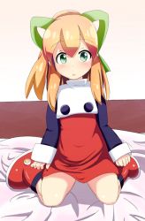 Rule 34 | 1girl, :o, bed, blonde hair, blush, boots, commentary request, covered navel, dress, flat chest, full body, green eyes, green ribbon, hair ribbon, hard (hardmaker), indoors, long hair, looking at viewer, mega man (classic), mega man (series), on bed, parted lips, ponytail, red dress, red footwear, ribbon, roll (mega man), shadow, sidelocks, sitting, sleeves past wrists, solo, wall, wariza