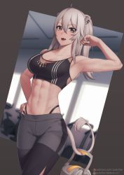 Rule 34 | 1girl, abs, ahoge, animal ears, arm up, armpits, bag, bare shoulders, black nails, black panties, black pants, black sports bra, breasts, cleavage, collarbone, commentary request, cowboy shot, ear piercing, fanbox username, fang, grey background, grey eyes, grey hair, grey pants, groin, gym, hair between eyes, hand on own hip, highleg, highleg panties, highres, hololive, indoors, lion ears, lion girl, lion tail, long hair, looking at viewer, medium breasts, midriff, nail polish, navel, open mouth, panties, pants, partial commentary, patreon username, piercing, prehensile tail, putcher, shishiro botan, sidelocks, skin fang, solo, sports bra, sportswear, standing, sweat, tail, tight clothes, tight pants, two-tone pants, two side up, underwear, virtual youtuber, watermark, web address