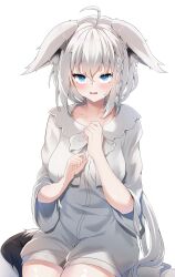 Rule 34 | 1girl, absurdres, ahoge, amato 0321, animal ear fluff, animal ears, blush, braid, breasts, collarbone, commentary request, ears down, embarrassed, fang, fox ears, fox girl, fox tail, frilled shirt collar, frills, green eyes, grey hair, grey shirt, hair between eyes, highres, hololive, long hair, looking at viewer, medium breasts, neck ribbon, no pants, open mouth, ribbon, shirakami fubuki, shirakami fubuki (street), shirt, side braid, sidelocks, simple background, single braid, skin fang, solo, sweat, tail, virtual youtuber, wavy mouth, white background