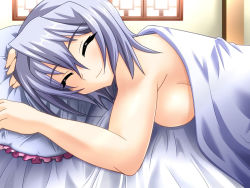 Rule 34 | 1girl, afterglow, bed, bed sheet, breasts, closed eyes, frilled pillow, frills, kayuu, koihime musou, large breasts, lying, pillow, sideboob, silver hair, sleeping, smile, solo, yagami (artist), yagami (mukage)