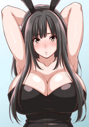 Rule 34 | 10s, 1girl, amagami, animal ears, armpits, arms behind head, arms up, black hair, blush, breasts, brown eyes, cleavage, fake animal ears, gradient background, highres, kamizaki makoto, large breasts, leotard, long hair, looking at viewer, parted lips, playboy bunny, rabbit ears, seiren, shouji nigou, solo, upper body