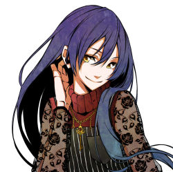 Rule 34 | 1girl, arm up, blue hair, commentary request, floral print, hair between eyes, tucking hair, hand in own hair, jewelry, key, key necklace, lace, lace sleeves, long hair, looking at viewer, love live!, love live! school idol project, necklace, pendant, see-through, simple background, smile, solo, sonoda umi, striped, turtleneck, upper body, vertical stripes, vice (kuronekohadokoheiku), white background, yellow eyes