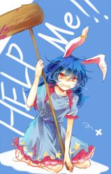 Rule 34 | 1girl, ambiguous red liquid, animal ears, blue dress, blue hair, rabbit ears, crescent, crying, crying with eyes open, dress, english text, full body, kneeling, kutsuki kai, looking at viewer, mallet, open mouth, puffy short sleeves, puffy sleeves, red eyes, seiran (touhou), shaded face, short hair, short sleeves, solo, star (symbol), sweat, tears, torn clothes, torn dress, touhou
