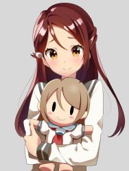 Rule 34 | 1girl, bad id, bad pixiv id, blush stickers, brown hair, character doll, doll, hugging doll, gloves, grey background, hair ornament, hairclip, half updo, highres, holding, holding doll, long hair, long sleeves, looking at viewer, love live!, love live! sunshine!!, neckerchief, hugging object, red hair, red neckerchief, sakurauchi riko, school uniform, serafuku, simple background, smile, solo, uni mmtab, upper body, uranohoshi school uniform, watanabe you, yellow eyes, | |, || ||