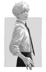 Rule 34 | 1boy, ajo cnsw, chainsaw man, denji (chainsaw man), greyscale, highres, looking at viewer, monochrome, necktie, parted lips, shirt tucked in, short hair, sideways glance, simple background, sleeves rolled up, solo, white background, white hair