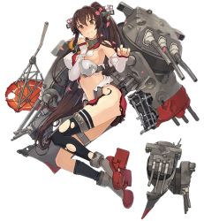 Rule 34 | 10s, 1girl, black thighhighs, blush, boots, breast padding, breasts, brown eyes, brown hair, cherry blossoms, flower, full body, hair flower, hair ornament, kantai collection, large breasts, long hair, looking down, matching hair/eyes, midriff, navel, no panties, official art, oil-paper umbrella, personification, ponytail, shizuma yoshinori, single thighhigh, skirt, solo, thigh strap, thighhighs, torn clothes, torn skirt, torn thighhighs, transparent background, umbrella, very long hair, yamato (kancolle)