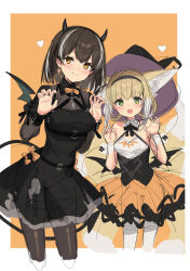 Rule 34 | 2girls, :d, alternate costume, animal ears, arknights, black dress, black hairband, black pantyhose, blonde hair, blush, braid, breasts, brown hair, claw pose, colored tips, cowboy shot, demon horns, demon tail, dress, earrings, fox ears, fox girl, fox tail, green eyes, hairband, halloween costume, hands up, hat, highres, horns, jewelry, kitsune, long hair, looking at viewer, low wings, magallan (arknights), medium breasts, multicolored hair, multiple girls, multiple tails, open mouth, pantyhose, short hair, sigm@, sketch, small breasts, smile, streaked hair, suzuran (arknights), tail, unfinished, white dress, white pantyhose, wings, witch hat, yellow eyes