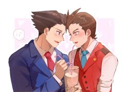 Rule 34 | 2boys, @ @, ace attorney, antenna hair, apollo justice, aqua necktie, black hair, blue eyes, blue jacket, blush, border, brown eyes, brown hair, bubble tea, collared shirt, crazy straw, cup, drinking straw, forehead-to-forehead, heads together, heart, heart straw, highres, holding, holding cup, jacket, lapel pin, lapels, layered sleeves, long sleeves, multiple boys, necktie, open mouth, outside border, phoenix wright, pink necktie, red vest, shared straw, shirt, short hair, shoulder-to-shoulder, spiked hair, suit jacket, thought bubble, upper body, vest, white border, white shirt, yaoi, zghwbyl