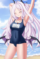 Rule 34 | 1girl, ^ ^, absurdres, ahoge, arm behind head, arm up, armpits, artist name, bad id, bad pixiv id, beach, blue archive, blue one-piece swimsuit, blue sky, blurry, closed eyes, cloud, cloudy sky, collarbone, commentary request, covered navel, demon girl, demon horns, demon wings, depth of field, forehead, hair ornament, hairclip, highres, hina (blue archive), hina (swimsuit) (blue archive), horizon, horns, long hair, name tag, ocean, old school swimsuit, one-piece swimsuit, parted bangs, purple eyes, school swimsuit, sidelocks, sky, solo, stretching, swimsuit, thighs, valdius44, watermark, wavy mouth, whistle, whistle around neck, white hair, wings
