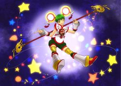 Rule 34 | 10s, 1girl, chinese clothes, christmas lights, detached sleeves, dragon kid, green eyes, green hair, hat, highres, huang baoling, matching hair/eyes, oliolio, short hair, shorts, solo, staff, string, superhero costume, thighhighs, tiger &amp; bunny, wink