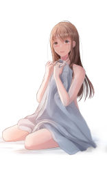 Rule 34 | 1girl, :d, aftersex, bad id, bad pixiv id, bare arms, bare shoulders, blush, brown eyes, brown hair, covering body, dress shirt, hair between eyes, hair over shoulder, highres, kataguchi iwashi, long hair, long sleeves, open mouth, original, seiza, shirt, simple background, sitting, smile, solo, white background, white shirt, | |