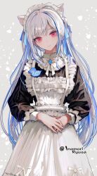 Rule 34 | 1girl, absurdres, animal ears, apron, artist name, black dress, blue gemstone, blue hair, blue ribbon, bow, cat ears, character name, closed mouth, colored inner hair, cowboy shot, dress, frilled apron, frilled hairband, frills, gem, hair ribbon, hairband, highres, inaeda kei, jewelry, lize helesta, long hair, looking at viewer, maid apron, maid headdress, multicolored hair, nijisanji, official alternate costume, official alternate hairstyle, patterned background, pendant, pink eyes, ribbon, scowl, sidelocks, simple bird, solo, streaked hair, swept bangs, twintails, virtual youtuber, white apron, white bow, white hair, white hairband, wrist cuffs