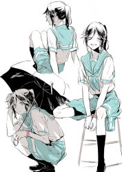 1girl bad_id bad_pixiv_id black_hair black_shoes black_socks black_umbrella blue_eyes blue_neckerchief blue_sailor_collar blue_skirt closed_eyes grin hibike!_euphonium holding holding_umbrella kasaki_nozomi kitauji_high_school_uniform kneehighs liz_to_aoi_tori long_hair multiple_views neckerchief on_chair partially_colored ponytail sailor_collar school_uniform serafuku shirt shoes short_sleeves shuu-0208 sitting skirt smile socks squatting umbrella watch white_shirt wristwatch