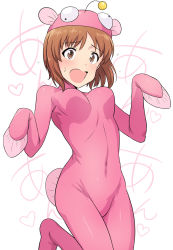 Rule 34 | 10s, 1girl, anglerfish costume, anglerfish dance, blush, bodysuit, bouncing breasts, breasts, brown eyes, brown hair, girls und panzer, heart, highres, nishizumi miho, small breasts, solo, tsurui, white background