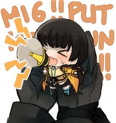 Rule 34 | &gt; &lt;, 2girls, angry, artist request, black hair, chibi, closed eyes, english text, girls&#039; frontline, gloves, id card, in palm, m16a1 (girls&#039; frontline), megaphone, mini person, minigirl, multiple girls, ro635 (girls&#039; frontline), shouting, white background