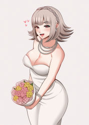 Rule 34 | 10s, 1girl, :d, blunt bangs, bouquet, bracelet, breasts, bride, cleavage, danganronpa (series), danganronpa 2: goodbye despair, dress, earrings, flower, grey hair, headband, heart, highres, holding, holding bouquet, jewelry, large breasts, looking at viewer, nanami chiaki, necklace, open mouth, pearl bracelet, pearl necklace, pink eyes, simple background, smile, solo, wedding dress, white dress