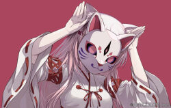 Rule 34 | 1girl, animal ears, breasts, cat ears, cat mask, copyright name, hair ornament, hairclip, japanese clothes, kimono, long hair, mask, medium breasts, miko, nijisanji, official alternate costume, official alternate hairstyle, phony (cevio), pink hair, rabbit pose, shiina yuika, shiina yuika (3rd costume), shippaiderman, simple background, solo, upper body, virtual youtuber, white kimono, wide sleeves