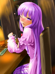 Rule 34 | 1girl, ;d, alcohol, blunt bangs, blush, book, bookshelf, bottle, chair, dress, drink, drunk, frills, glass, hand on own arm, head tilt, indoors, jacket, long hair, looking at viewer, nose blush, one eye closed, open clothes, open jacket, open mouth, patchouli knowledge, purple dress, purple eyes, purple hair, rody (hayama yuu), smile, solo, squeans, striped clothes, striped dress, table, tipsy, touhou, vertical-striped clothes, vertical-striped dress, very long hair