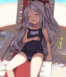 Rule 34 | 1girl, ahoge, beach chair, black one-piece swimsuit, blue archive, breasts, child, closed eyes, cup, day, drinking straw, grey hair, hair ornament, hairclip, highres, hina (blue archive), hina (swimsuit) (blue archive), horns, innertube, long hair, lying, name tag, on back, one-piece swimsuit, outdoors, parted lips, shade, sira (user dswn7488), small breasts, solo, swim ring, swimsuit, two side up, whistle, whistle around neck