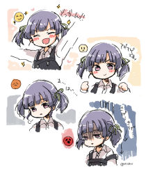 Rule 34 | anger vein, closed eyes, dress, expressions, facing viewer, gloom (expression), happy, kantai collection, long sleeves, looking at viewer, miko (35nikomi), one-hour drawing challenge, ooshio (kancolle), ooshio kai ni (kancolle), pinafore dress, purple hair, sad, shirt, short hair, short twintails, simple background, sleeveless dress, smile, twintails, upper body, white background, white shirt