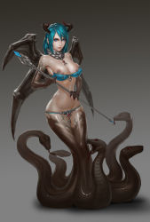 Rule 34 | 1girl, aqua hair, bare shoulders, bikini, blue bikini, blue eyes, blue hair, breasts, cleavage, collar, fingernails, full body, gradient background, highres, horns, kww868, large breasts, long fingernails, long hair, looking at viewer, monster girl, nail polish, narrow waist, original, pointy ears, red nails, simple background, snake, solo, staff, standing, strapless, strapless bikini, swimsuit
