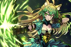 Rule 34 | 1girl, absurdres, animal ears, arrow (projectile), atalanta (fate), black gloves, black skirt, blonde hair, bow (weapon), braid, breasts, cat ears, cat tail, cleavage, cleavage cutout, clothing cutout, dress, ebora, fate/apocrypha, fate (series), french braid, gloves, gradient hair, green dress, green eyes, green hair, highres, layered skirt, long hair, medium breasts, multicolored hair, puffy short sleeves, puffy sleeves, short sleeves, skirt, tail, weapon