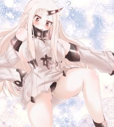 Rule 34 | 10s, 1girl, abyssal ship, bare shoulders, black panties, blush, breasts, cameltoe, colored skin, detached sleeves, dress, covered erect nipples, highres, horns, huge breasts, kantai collection, long hair, miyamaru, panties, pantyshot, red eyes, ribbed dress, seaport princess, short dress, single horn, solo, thighs, underwear, very long hair, white hair, white skin