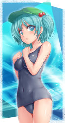 Rule 34 | 1girl, alternate costume, aqua hair, bare shoulders, blue eyes, blush, breasts, covered navel, embarrassed, female focus, hair bobbles, hair ornament, hat, highres, irudana, kawashiro nitori, lips, looking at viewer, navel, one-piece swimsuit, school swimsuit, school uniform, short hair, skin tight, solo, swimsuit, touhou, twintails, two side up
