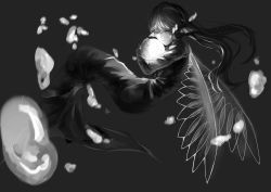 Rule 34 | 1girl, absurdres, dress, closed eyes, greyscale, highres, long hair, monochrome, san (pixiv2402528), solo, wings