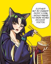 Rule 34 | 1girl, absurdres, animal ears, arknights, black hair, bowl, breasts, brown eyes, chopsticks, commentary, dog ears, english commentary, facial mark, fingerless gloves, forehead mark, gloves, highres, holding, holding chopsticks, infection monitor (arknights), japanese clothes, kimono, long hair, looking at viewer, medium breasts, purple gloves, purple kimono, saga (arknights), simple background, solo, speech bubble, symmetricturd, upper body, yellow background