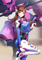 Rule 34 | 1girl, :o, absurdres, animal print, arm at side, armor, ass, bad id, bad pixiv id, blush, bodysuit, boots, bracer, breasts, brown eyes, brown hair, character name, charm (object), covered erect nipples, d.va (overwatch), eyebrows, facepaint, facial mark, finger on trigger, from side, gloves, glowing, gun, headphones, high collar, high heel boots, high heels, highres, holding, holding gun, holding weapon, large breasts, leg up, lips, lipstick, long hair, long sleeves, looking at viewer, makeup, maorzshu, mecha, medium breasts, meka (overwatch), open mouth, overwatch, overwatch 1, parted bangs, pilot suit, pink lips, rabbit, rabbit print, robot, shadow, shiny clothes, shoulder pads, skin tight, solo, standing, standing on one leg, swept bangs, thigh boots, thighhighs, turtleneck, weapon, whisker markings, white footwear, white gloves, white thighhighs