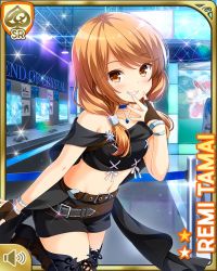 Rule 34 | 1girl, bare shoulders, belt, black shirt, black shorts, black thighhighs, boots, brown eyes, brown footwear, brown gloves, brown hair, card (medium), closed mouth, day, female focus, game show, girlfriend (kari), gloves, grin, indoors, looking at viewer, low twintails, naughty face, official art, qp:flapper, shirt, shorts, smile, solo, standing, standing on one leg, tamai remi, thighhighs, twintails
