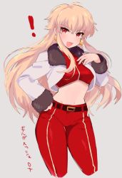 Rule 34 | !, 1girl, :d, belt, blonde hair, blush, breasts, crop top, cropped jacket, cropped legs, earrings, eyebrows, fang, fate/stay night, fate (series), fur-trimmed jacket, fur trim, genderswap, genderswap (mtf), gilgamesh-ko, gilgamesh (fate), grey background, hand on own hip, jacket, jewelry, long hair, long sleeves, looking at viewer, medium breasts, midriff, miyako (xxxbibit), navel, official alternate costume, open clothes, open jacket, open mouth, pants, red eyes, red pants, simple background, smile, solo, stomach, translation request, venus symbol, white jacket