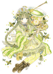 Rule 34 | 1girl, apron, argyle, argyle clothes, argyle kimono, black ribbon, blouse, boots, bow, braid, brown footwear, bug, butterfly, cross-laced footwear, cup, dress, green butterfly, green dress, green hair, green ribbon, grey eyes, hair ribbon, hisakata (hisa nn), insect, invisible chair, lace-trimmed apron, lace trim, looking at viewer, original, personification, polka dot, polka dot legwear, ribbon, shirt, simple background, sitting, tea, teacup, teaspoon, twin braids, twintails, white background, white shirt, wide sleeves, yellow bow, yellow legwear