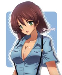 Rule 34 | 1girl, aoshidan school uniform, bad id, bad twitter id, blue shirt, blunt ends, breasts, brown hair, cleavage, commentary, dark-skinned female, dark skin, girls und panzer, green eyes, large breasts, looking at viewer, naka (na0540507), nanjou satoshi, one-hour drawing challenge, open mouth, partially unbuttoned, school uniform, shirt, short hair, smile, solo, suspenders, tristana (girls und panzer), twitter username, unbuttoned, unbuttoned shirt, upper body