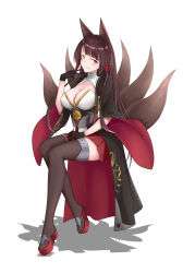 Rule 34 | 1girl, absurdres, akagi (azur lane), animal ears, azur lane, black hair, blush, breasts, brown eyes, cleavage, commentary request, eyeshadow, fox ears, fox tail, full body, hair tubes, highres, japanese clothes, large breasts, long hair, looking at viewer, makeup, multiple tails, pleated skirt, sitting, skirt, smile, solo, tail, thighhighs, zijiang
