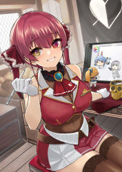 Rule 34 | 1girl, absurdres, ascot, belt, breasts, brooch, brown belt, brown thighhighs, buttons, chibi, chibi inset, cleavage, cropped jacket, drawing tablet, frilled shirt collar, frills, gloves, gold trim, grin, hair ribbon, heterochromia, highres, holding, holding stylus, hololive, hololive fantasy, houshou marine, houshou marine (1st costume), indoors, jacket, jewelry, lace, lace-trimmed legwear, lace-trimmed thighhighs, lace trim, lapel pin, large breasts, leather belt, leotard, leotard under clothes, long hair, looking at viewer, miniskirt, oumi mizu, pleated skirt, red ascot, red eyes, red hair, red jacket, red ribbon, red skirt, ribbon, see-through, see-through cleavage, see-through leotard, shiranui flare, shiranui flare (1st costume), shirogane noel, shirogane noel (1st costume), sitting, skirt, sleeveless, sleeveless jacket, smile, solo focus, stylus, thighhighs, through medium, through screen, twintails, usada pekora, usada pekora (1st costume), virtual youtuber, white gloves, yellow eyes, zettai ryouiki