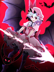 Rule 34 | 1girl, absurdres, ascot, bat (animal), bat wings, blue hair, bow, brooch, dress, fang, hat, hat bow, highres, jewelry, looking at viewer, md5 mismatch, mob cap, open mouth, pantyhose, pink dress, puffy sleeves, red eyes, remilia scarlet, resolution mismatch, rihito (usazukin), sash, short sleeves, skirt, solo, source smaller, spear the gungnir, touhou, weapon, wings, wrist cuffs