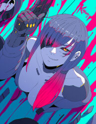 Rule 34 | 1girl, 1other, animal ears, black sclera, breasts, colored sclera, cyberpunk (series), cyborg, eyepatch, from above, gradient hair, gun, highres, holding, holding gun, holding weapon, koyorin, long hair, looking at viewer, mechanical arms, medium breasts, multicolored hair, purple hair, solo focus, symbol-shaped pupils, trigger discipline, weapon, yellow eyes
