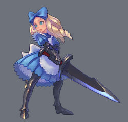 Rule 34 | armor, blonde hair, blue eyes, bow, full body, greaves, grey background, hair bow, holding, holding sword, holding weapon, simple background, solo, standing, sword, two-handed, weapon, weno