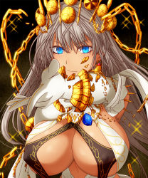 Rule 34 | 1girl, bare shoulders, blue eyes, breasts, broken, broken chain, center opening, chain, cleavage, crown, cuffs, dress, earrings, elbow gloves, fate/grand order, fate (series), gloves, grey hair, halterneck, hasebe akira, jewelry, large breasts, long hair, looking at viewer, neck ring, pointing, pointing at viewer, sparkle, white dress, white gloves, zenobia (fate)