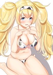 Rule 34 | 1girl, animal print, bare arms, bare legs, bare shoulders, barefoot, bikini, blonde hair, blue eyes, blush, breasts, cleavage, collarbone, cow print, gambier bay (kancolle), hair between eyes, highres, kantai collection, large breasts, long hair, navel, open mouth, shadow, simple background, sitting, solo, swimsuit, twintails, wariza, white background, white bikini, zuki