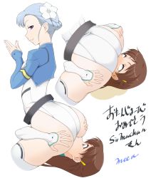 Rule 34 | 10s, 2girls, asphyxiation, ass, ass grab, belt, blue eyes, blue hair, blush, breasts, brown eyes, brown hair, deep skin, female focus, fin e ld si laffinty, flower, hair flower, hair ornament, hairclip, highres, huge ass, kyouno madoka, leotard, long hair, looking back, looking down, meea, multiple girls, naughty face, own hands clasped, own hands together, rinne no lagrange, rolling eyes, short hair, simple background, sitting, sitting on face, sitting on person, smelling, smile, smother, translation request, yuri